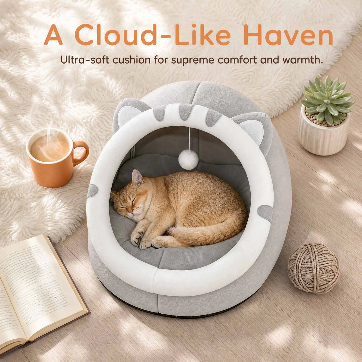 Cat Cave Bed with Hanging Toy – Cozy Kitten House with Removable Washable Cushion | S/M/L