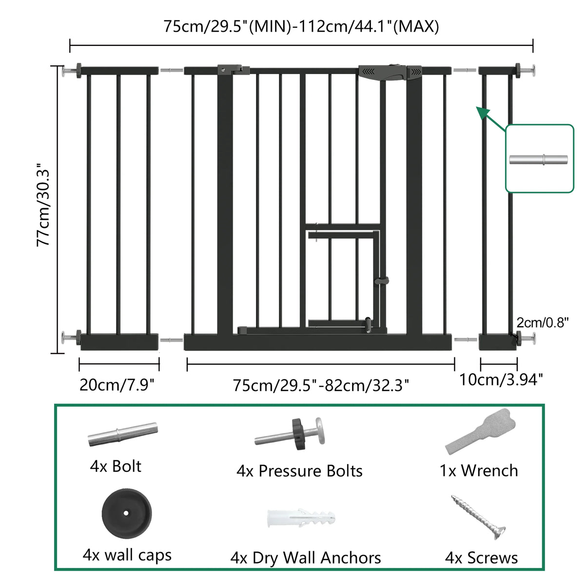 Baby Gate with Cat Door, 29.5-44.1" Extra Wide Walk-Through Safety Gate, Pressure Mounted Metal Pet Gate for Stairs & Doorways, Double Lock Child Proof