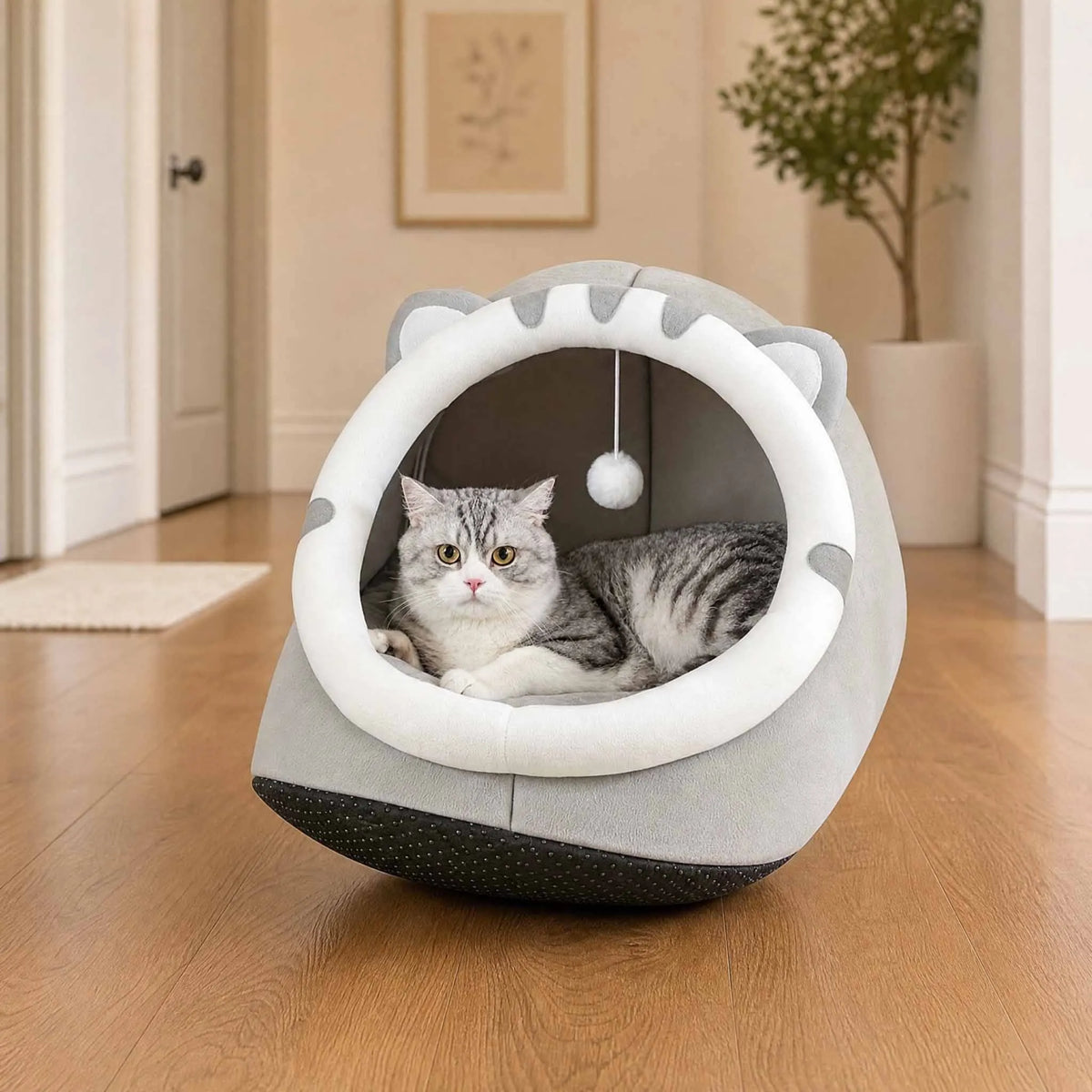 Cat Cave Bed with Hanging Toy – Cozy Kitten House with Removable Washable Cushion | S/M/L