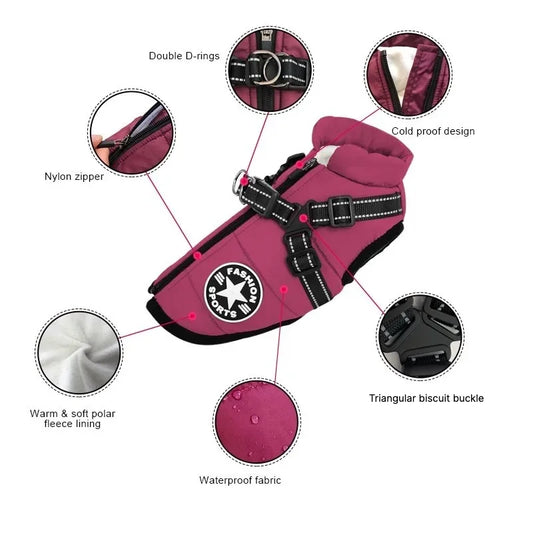 Waterproof Dog Jacket with Built-In Harness – Winter Coat for Large Dogs