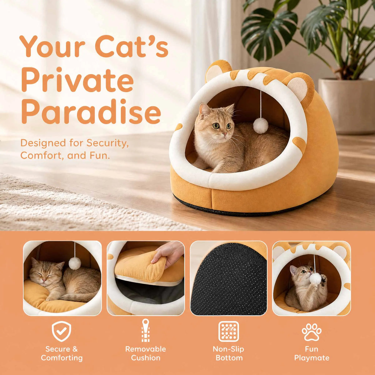 Cat Cave Bed with Hanging Toy – Cozy Kitten House with Removable Washable Cushion | S/M/L