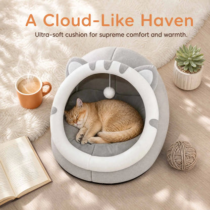 Cat Cave Bed with Hanging Toy – Warm Kitten House with Removable Cushion, S/M/L