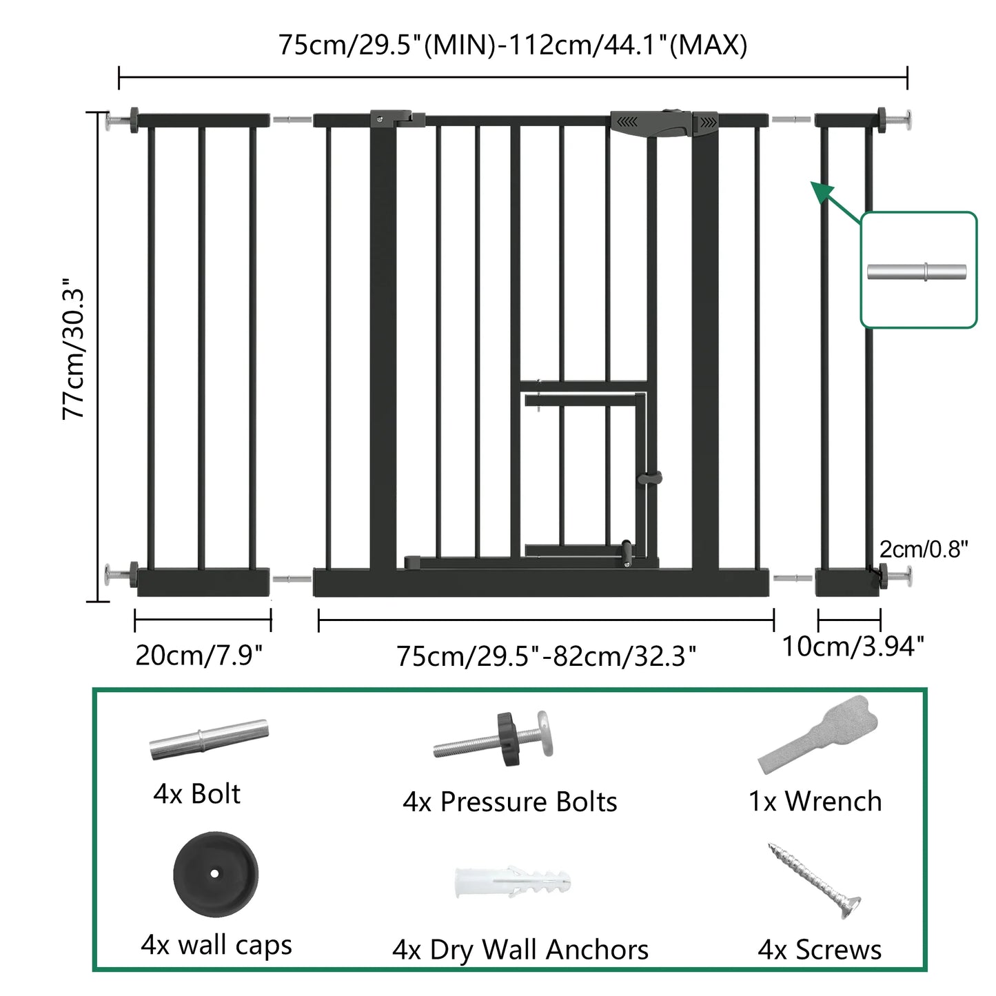 Baby Gate with Cat Door, 29.5-44.1" Extra Wide Walk-Through Safety Gate, Pressure Mounted Metal Pet Gate for Stairs & Doorways, Double Lock Child Proof
