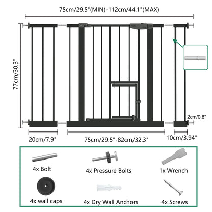 Baby Gate with Cat Door, 29.5-44.1" Extra Wide Walk-Through Safety Gate, Pressure Mounted Metal Pet Gate for Stairs & Doorways, Double Lock Child Proof