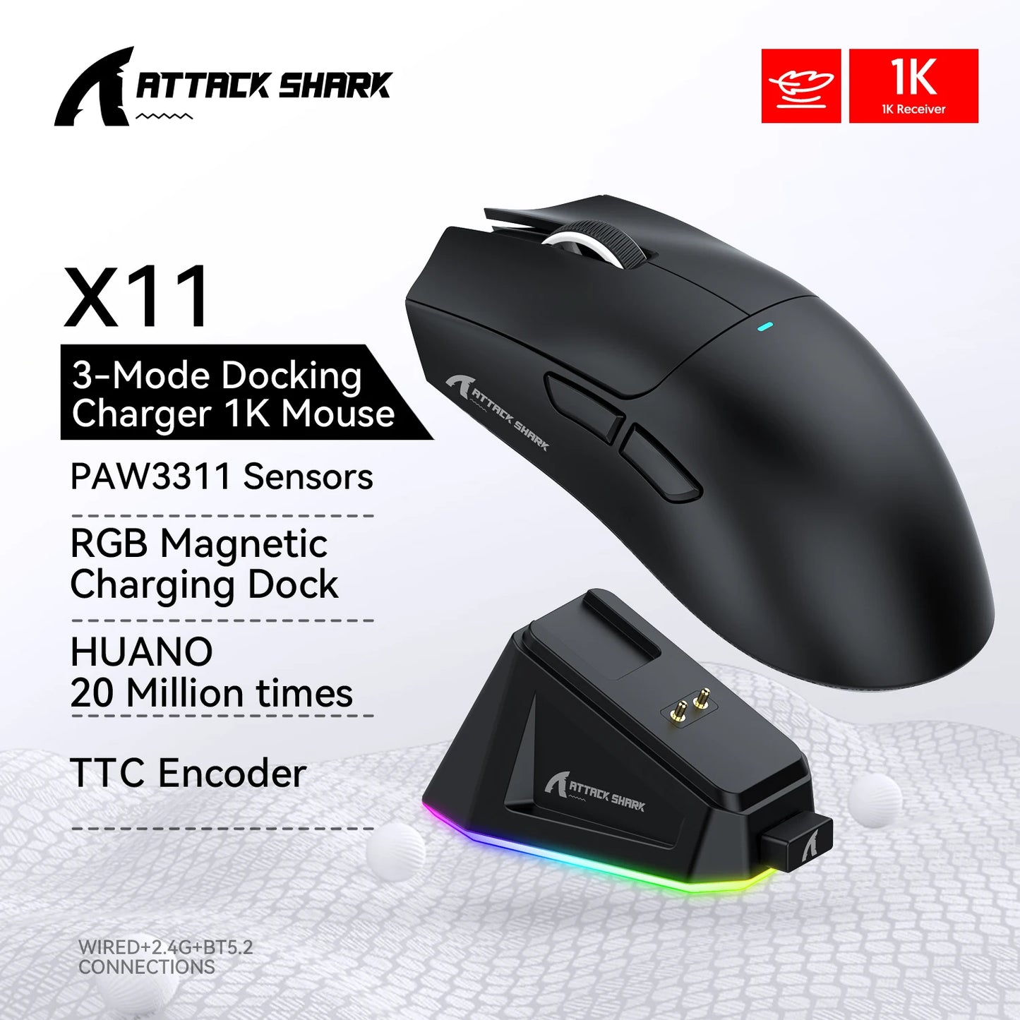 ATTACK SHARK X11 Tri-mode Wireless Mouse 2.4G Bluetooth Wired Programmable RGB Ultra Light Ergonomic Computer Gaming Mice
