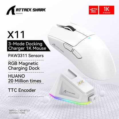 ATTACK SHARK X11 Tri-mode Wireless Mouse 2.4G Bluetooth Wired Programmable RGB Ultra Light Ergonomic Computer Gaming Mice