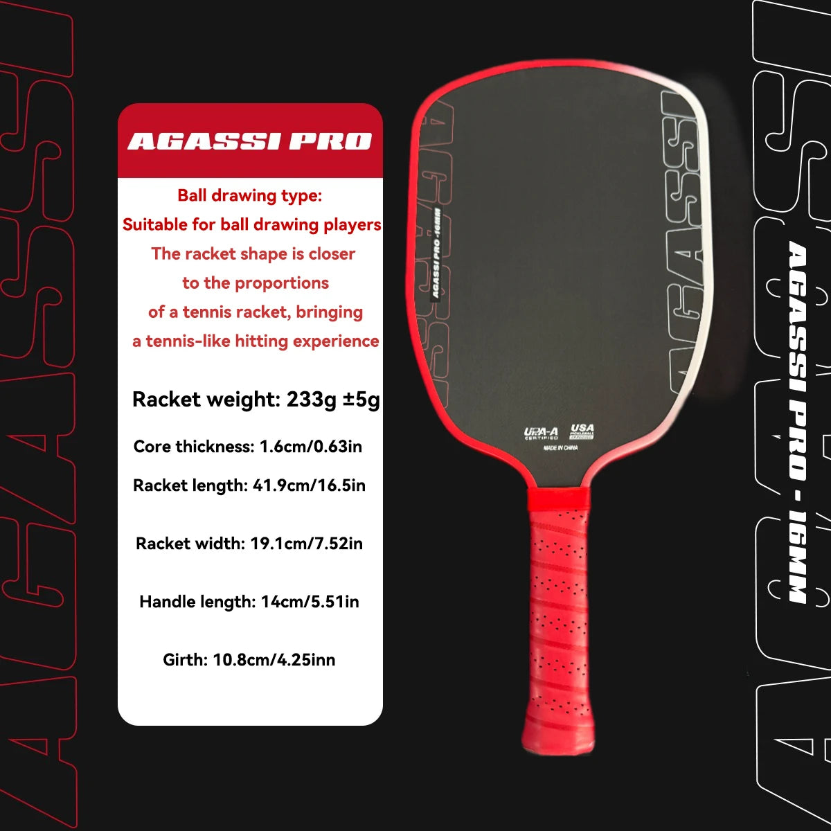 Agassi Pro IV 16mm Pickleball Paddle – T700 Carbon Fiber, TFP Foam Core, Spin & Control