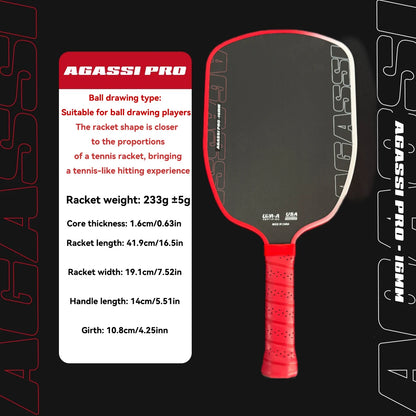 Agassi Pro IV 16mm Pickleball Paddle – T700 Carbon Fiber, TFP Foam Core, Spin & Control