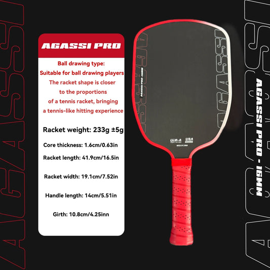 Agassi Pro IV 16mm Pickleball Paddle – T700 Carbon Fiber, TFP Foam Core, Spin & Control