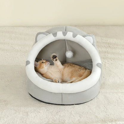 Cat Cave Bed with Hanging Toy – Warm Kitten House with Removable Cushion, S/M/L