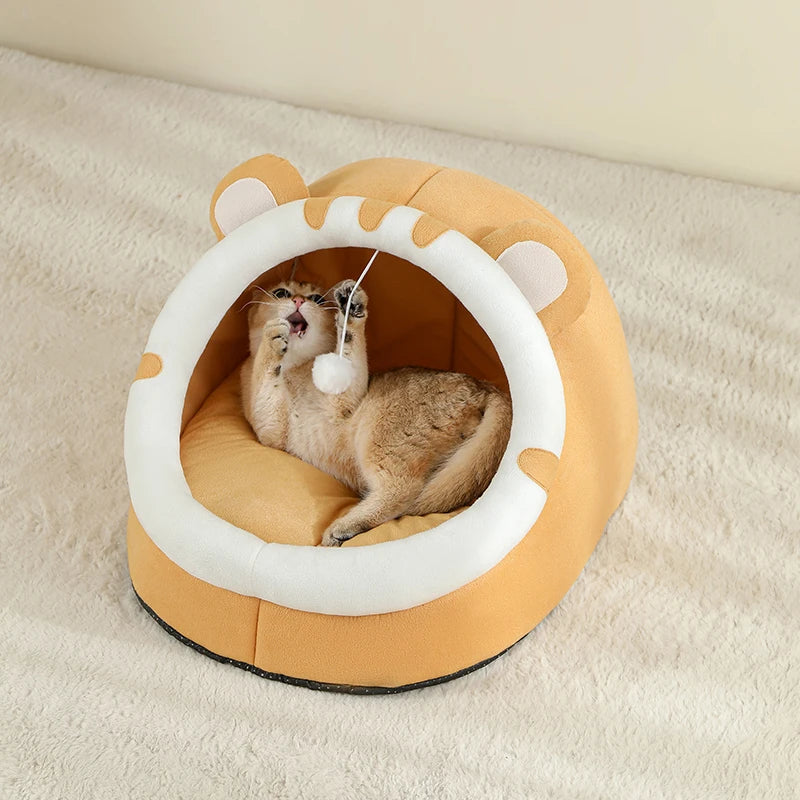 Cat Cave Bed with Hanging Toy – Warm Kitten House with Removable Cushion, S/M/L