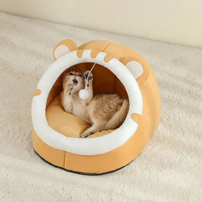 Cat Cave Bed with Hanging Toy – Warm Kitten House with Removable Cushion, S/M/L