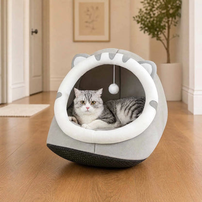Cat Cave Bed with Hanging Toy – Warm Kitten House with Removable Cushion, S/M/L