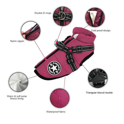 Waterproof Dog Jacket with Built-In Harness – Winter Coat for Large Dogs