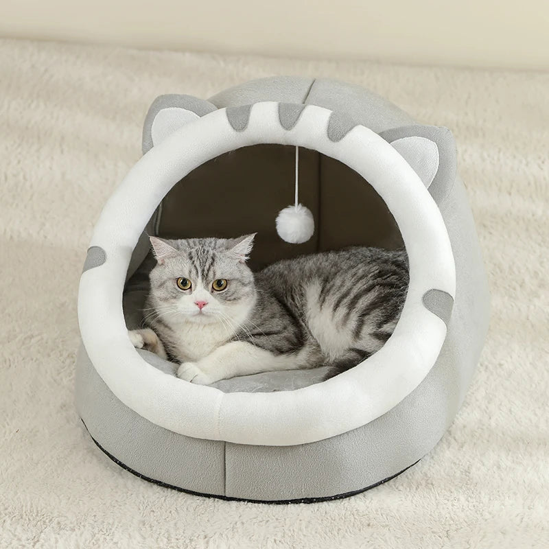 Cat Cave Bed with Hanging Toy – Warm Kitten House with Removable Cushion, S/M/L