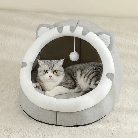 Cat Cave Bed with Hanging Toy – Warm Kitten House with Removable Cushion, S/M/L