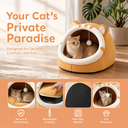 Cat Cave Bed with Hanging Toy – Warm Kitten House with Removable Cushion, S/M/L