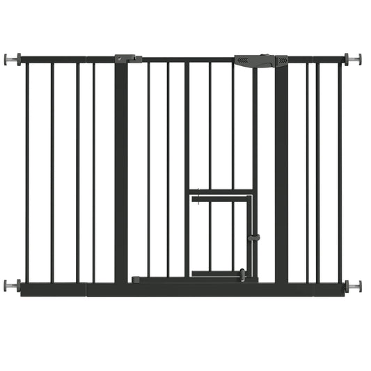 Baby Gate with Cat Door, 29.5-44.1" Extra Wide Walk-Through Safety Gate, Pressure Mounted Metal Pet Gate for Stairs & Doorways, Double Lock Child Proof
