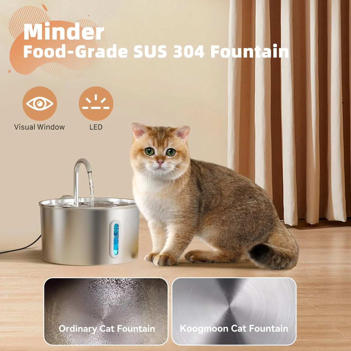 ZYFeeder 2.2L Automatic Pet Water Fountain – Stainless Steel with Silent Pump