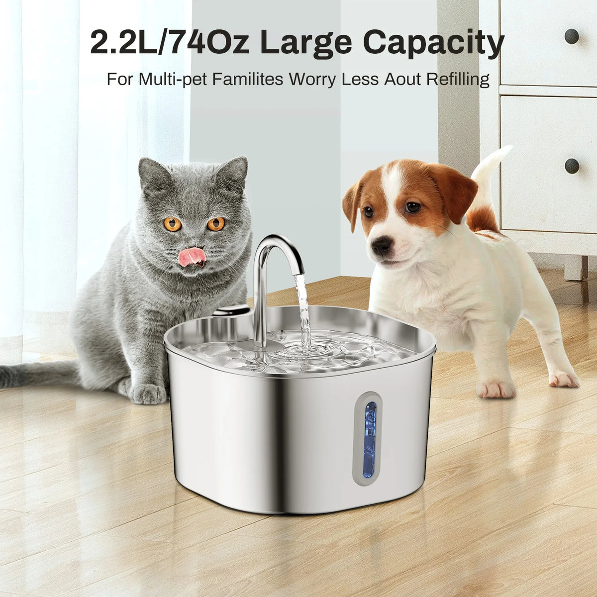 ZYFeeder 2.2L Automatic Pet Water Fountain – Stainless Steel with Silent Pump