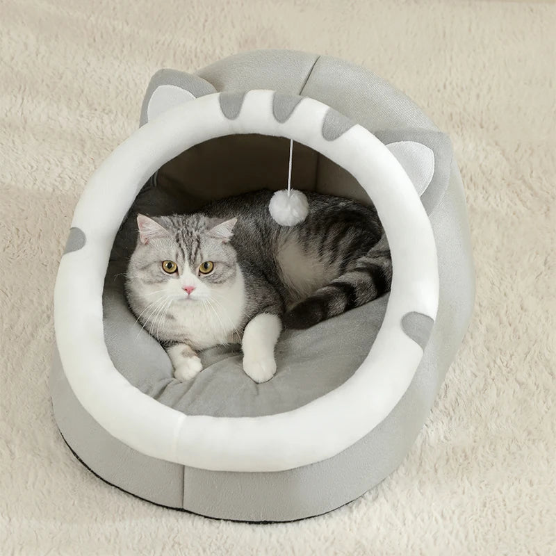 Cat Cave Bed with Hanging Toy – Warm Kitten House with Removable Cushion, S/M/L