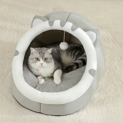 Cat Cave Bed with Hanging Toy – Warm Kitten House with Removable Cushion, S/M/L