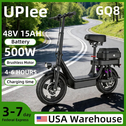 UPlee GQ8 Adult Electric Bike 500W Peak Motor 48V 15AH electric scooter 14 Inch fat tire Full Shock Foldable with trunk e bike