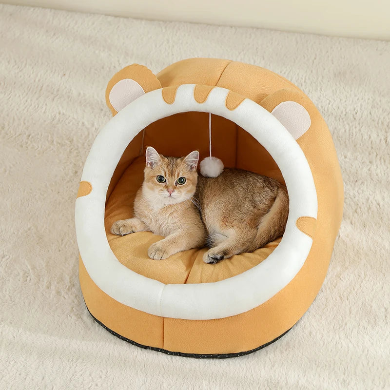 Cat Cave Bed with Hanging Toy – Warm Kitten House with Removable Cushion, S/M/L