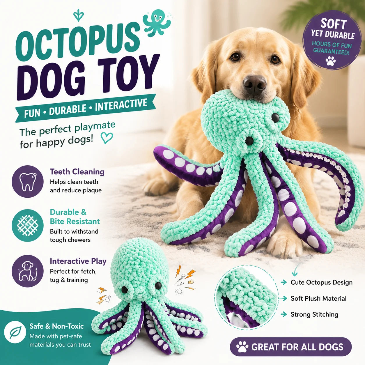 Squeaky Plush Octopus Dog Toy – Interactive Chew Toy for Small & Large Dogs