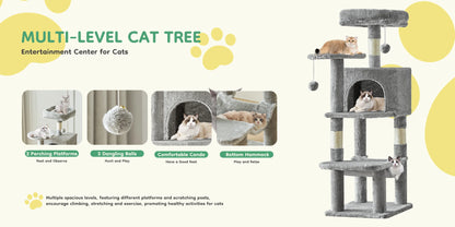 JHK 44" Cat Tree Tower | Multi-Cat Climbing Tower with Sisal Posts & Hammock