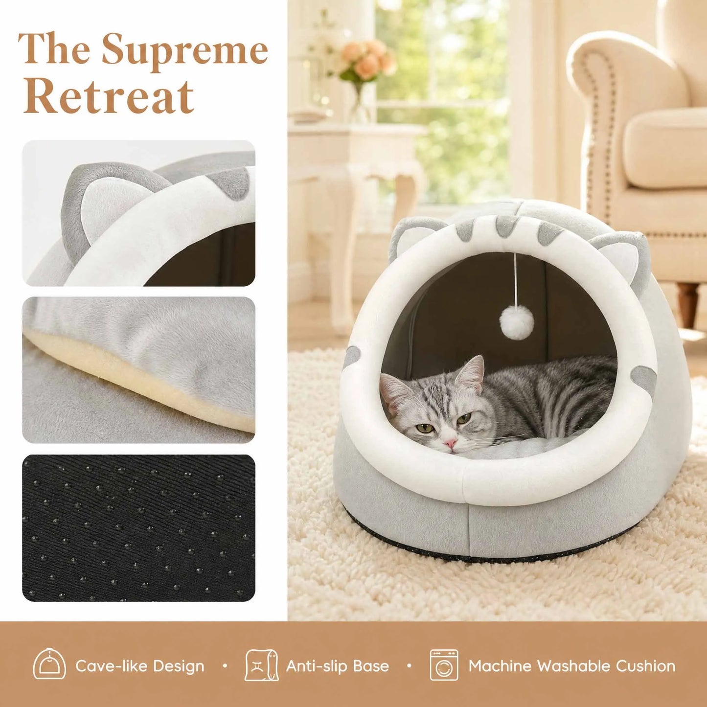 Cat Cave Bed with Hanging Toy – Warm Kitten House with Removable Cushion, S/M/L