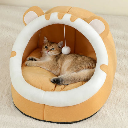 Cat Cave Bed with Hanging Toy – Warm Kitten House with Removable Cushion, S/M/L