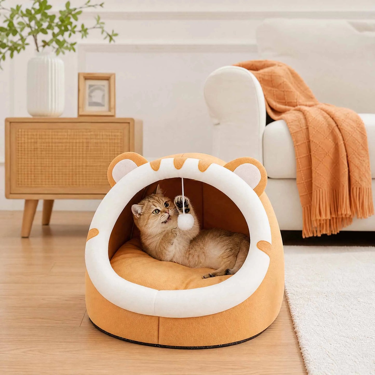 Cat Cave Bed with Hanging Toy – Warm Kitten House with Removable Cushion, S/M/L