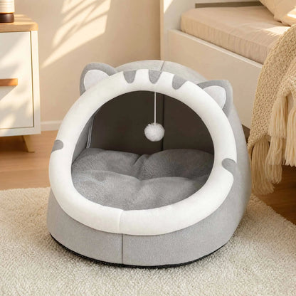 Cat Cave Bed with Hanging Toy – Warm Kitten House with Removable Cushion, S/M/L