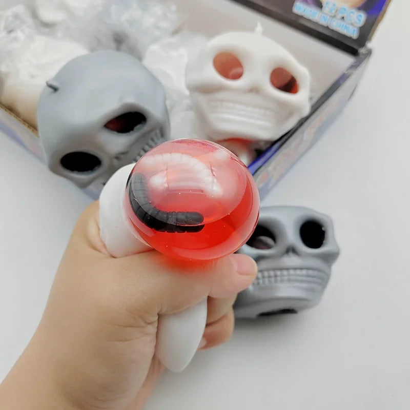 Halloween Squeeze Skull Stress Balls – Fidget Toy with Blood & Maggots
