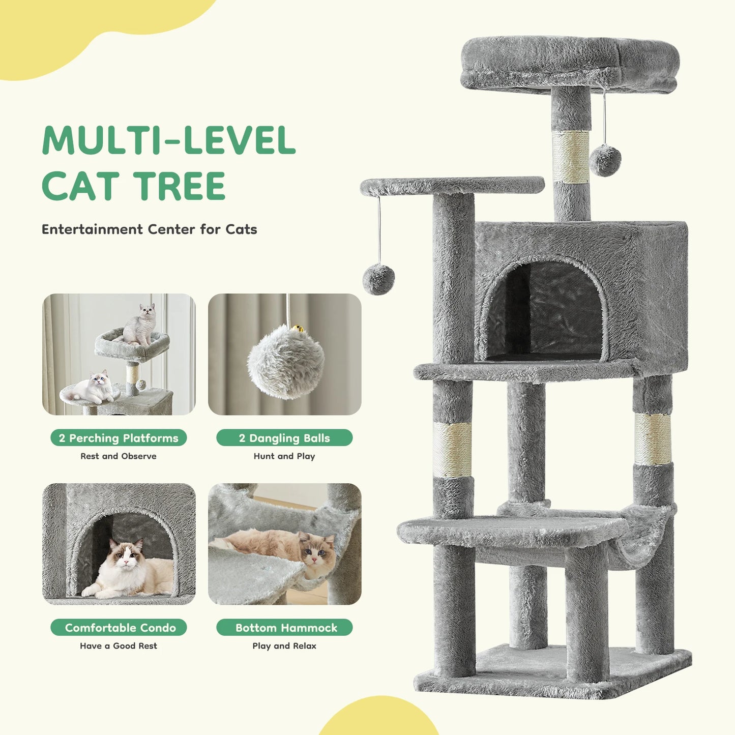 JHK 44" Cat Tree Tower | Multi-Cat Climbing Tower with Sisal Posts & Hammock