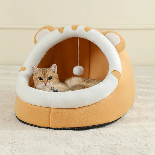 Cat Cave Bed with Hanging Toy – Warm Kitten House with Removable Cushion, S/M/L