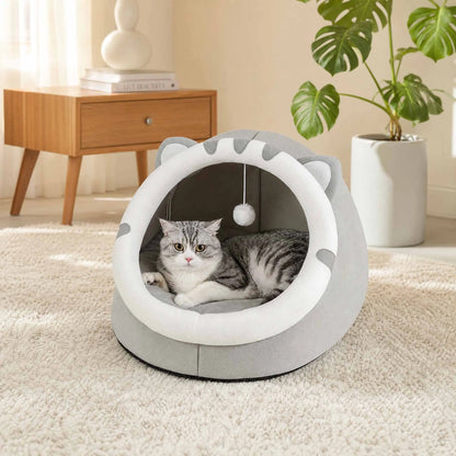 Cat Cave Bed with Hanging Toy – Warm Kitten House with Removable Cushion, S/M/L