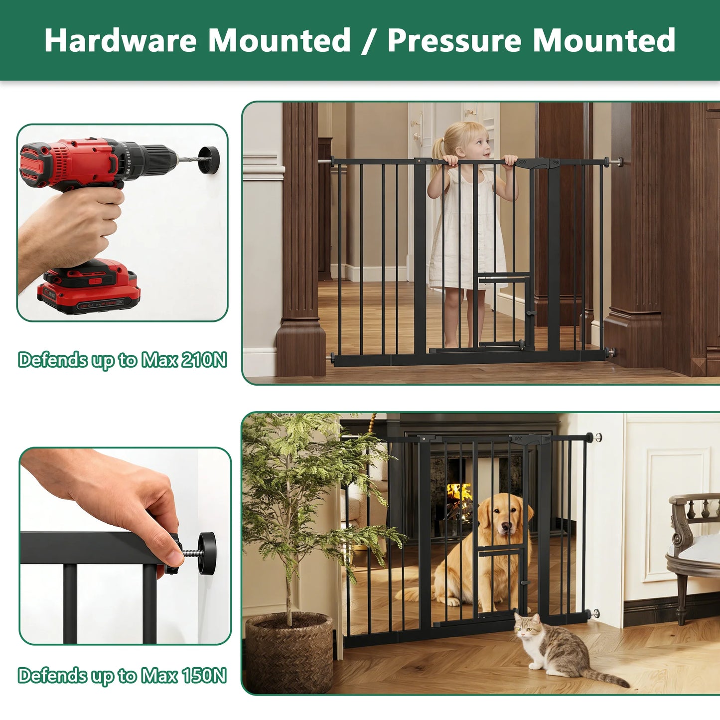 Baby Gate with Cat Door, 29.5-44.1" Extra Wide Walk-Through Safety Gate, Pressure Mounted Metal Pet Gate for Stairs & Doorways, Double Lock Child Proof