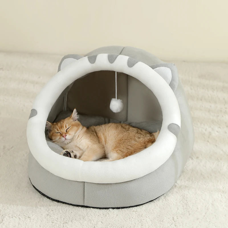 Cat Cave Bed with Hanging Toy – Warm Kitten House with Removable Cushion, S/M/L
