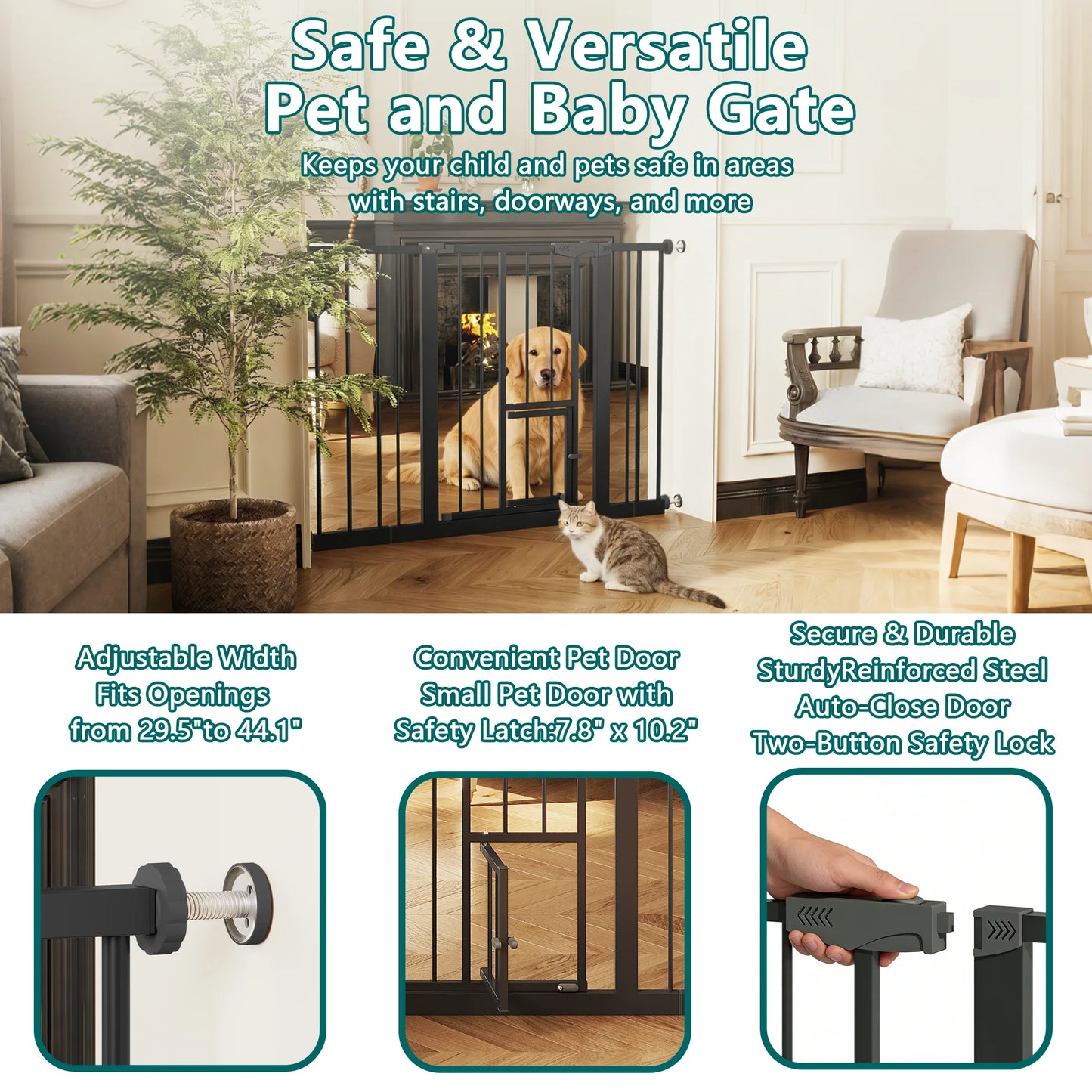 Baby Gate with Cat Door, 29.5-44.1" Extra Wide Walk-Through Safety Gate, Pressure Mounted Metal Pet Gate for Stairs & Doorways, Double Lock Child Proof
