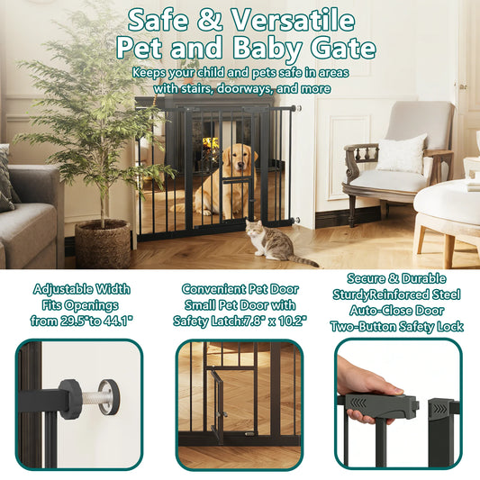 Baby Gate with Cat Door, 29.5-44.1" Extra Wide Walk-Through Safety Gate, Pressure Mounted Metal Pet Gate for Stairs & Doorways, Double Lock Child Proof
