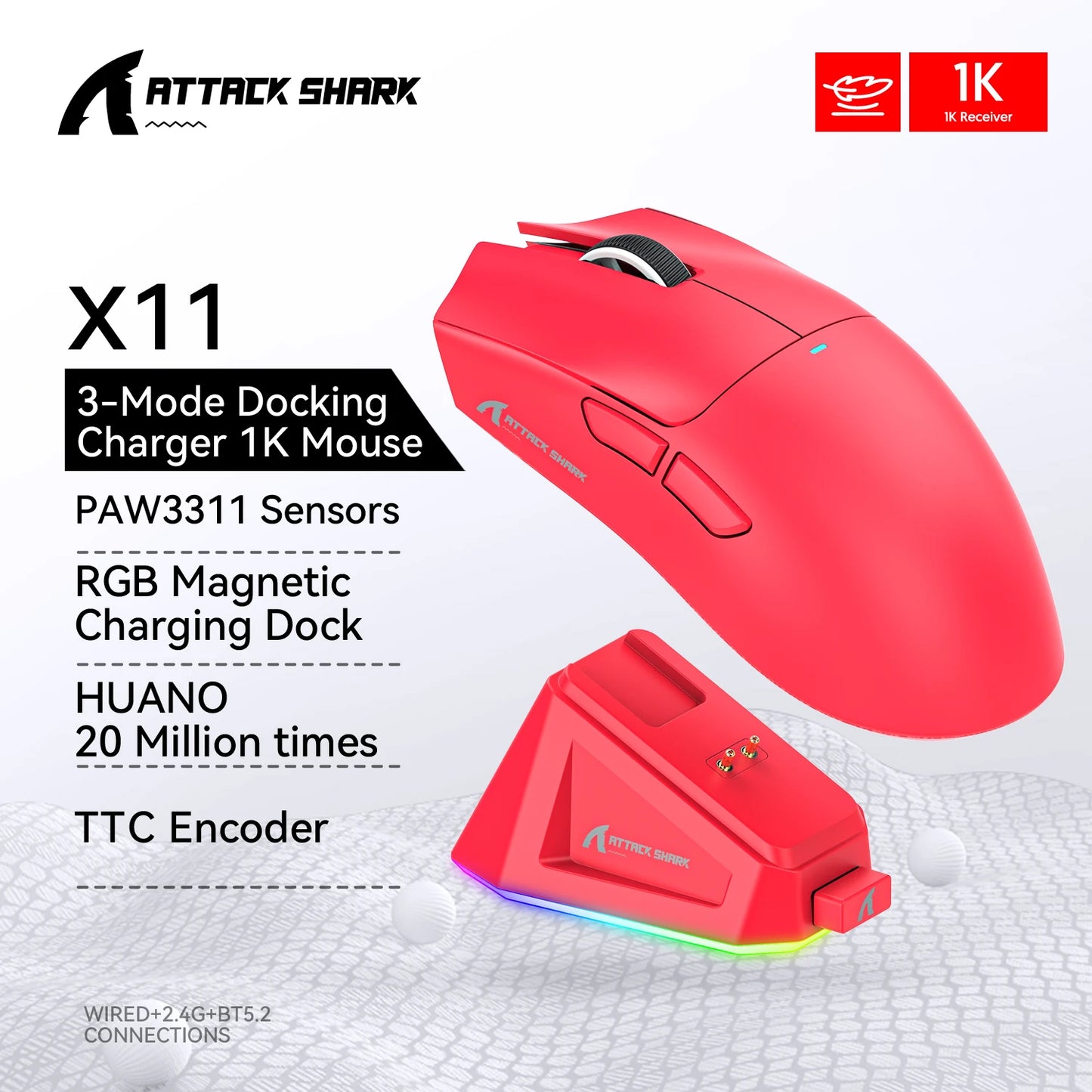 ATTACK SHARK X11 Tri-mode Wireless Mouse 2.4G Bluetooth Wired Programmable RGB Ultra Light Ergonomic Computer Gaming Mice