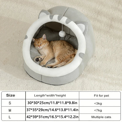 Cat Cave Bed with Hanging Toy – Warm Kitten House with Removable Cushion, S/M/L