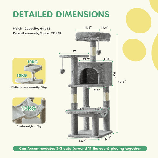 JHK 44" Cat Tree Tower | Multi-Cat Climbing Tower with Sisal Posts & Hammock