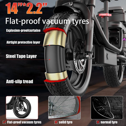 UPlee GQ8 Adult Electric Bike 500W Peak Motor 48V 15AH electric scooter 14 Inch fat tire Full Shock Foldable with trunk e bike